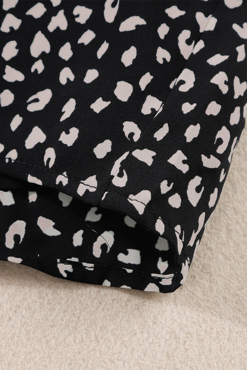 Black Leopard Print Belted V Neck Short Sleeve Romper